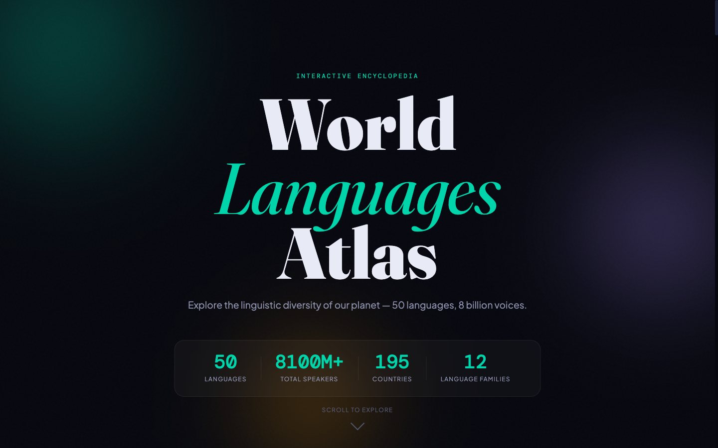 Pantalla de entrada de Language Atlas con las cifras principales: 50 idiomas, más de 8.000 millones de hablantes, 195 países y 12 familias.